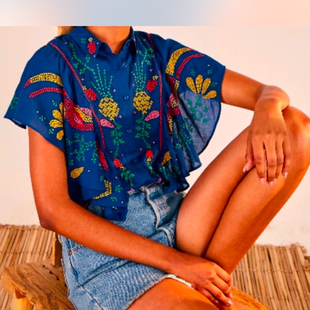 Floral Embroidered Blue Top